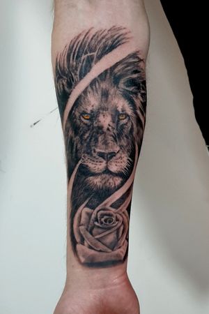 Lower arm realistic lion with rose. #liontattoo #lion #rose #realismtattoo #tat2holics #blackandgrey 