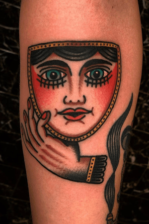Tattoo by Marcus Norrild #MarcusNorrild #portrait #ladyhead #traditional #mask #hand