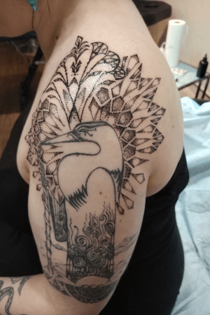 Half sleeve Heron God. Heron was done about 1 year before the mandala, finished this spring.
