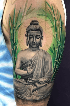 Buddha & Bamboo#illumination #color #buddha #tattooartist #maxwellrivera #meditation #realism #armtattoo 