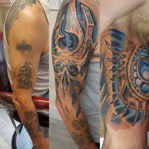 Big freehand biomech/organic arm full of cover ups here, still in progress as you can see