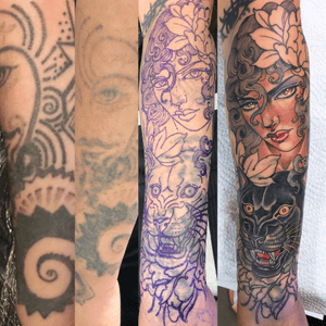 In progress fix up! Photo one us her arm after 5 session of bas laser work un vienna.  The second photo is her arm after TWO sessions with lady fade (stockholm- shes the best) and the second two photos are stencil and first session after four hours of tattooing 🖤 i love doing cover ups and fix ups! 