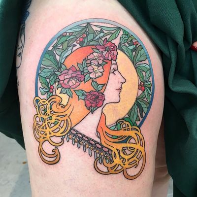 Art Nouveau tattoo by Muk Jung #MukJung #artnouveau #ArtNouveautattoo #artnouveuatattoos #fineart #nature #portrait #lady #art #mucha #illustrative #painterly #leg #color
