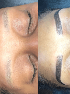 Cosmetic tattoo done with rotary tattoo machine. Its done with a mixture of brown pigments, NOT tattoo ink. They soften and lighten up 40-50 percent. Great for people who never want to do their brows again!