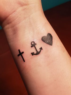My first tattoo. Faith (cross), Hope (anchor), and Love (heart). From 1 Corinthians 13:13