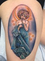 Art Nouveau tattoo by Marie Scherping Martin #MarieScherpingMartin #artnouveau #ArtNouveautattoo #artnouveuatattoos #fineart #nature #portrait #lady #art #leg #mucha #color #moon #stars