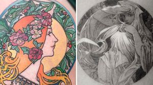 Art nouveau tattoo on the left by Muk Jung and art nouveau tattoo on the right by ColdGray #ColdGray #MukJung #artnouveau #ArtNouveautattoo #artnouveuatattoos #fineart #nature #portrait #lady #art