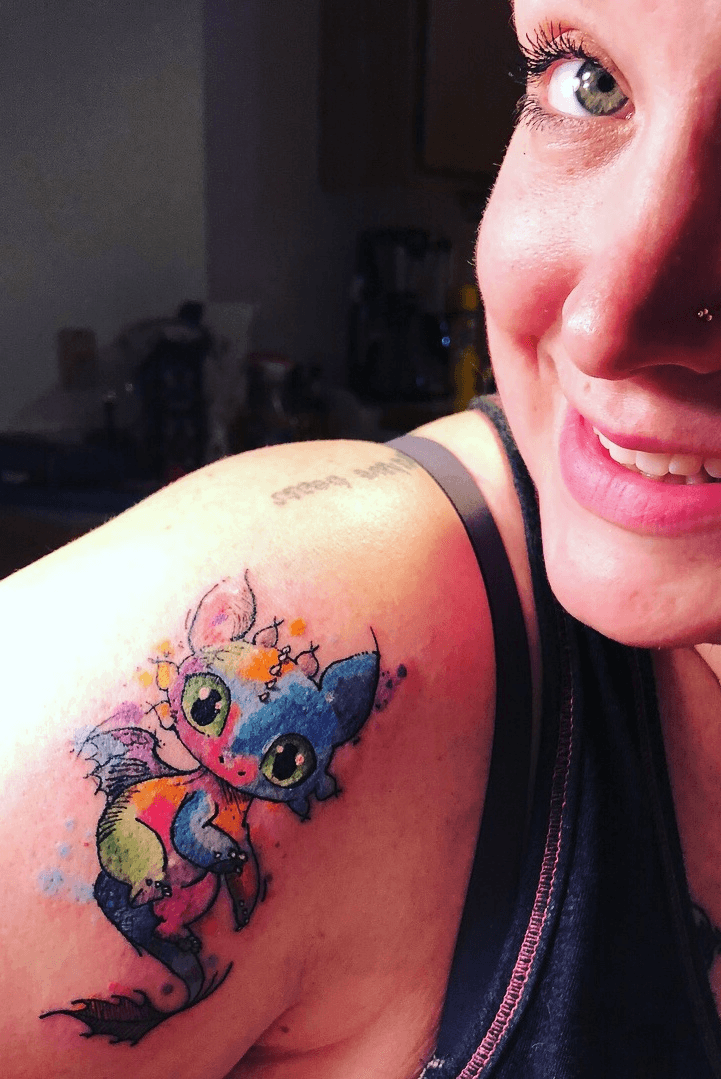 Great tattoo by Kevin Barrett at Grin And Bare It Tattoo Parlor in Ft  Mohave Az Always loved Stitch as a kid and wanted this as it reminded me  of my Yorkie