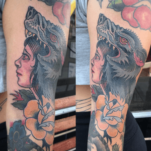 Traditional girl with a wolf headdress #traditionaltattoo #traditionalgirlhead #girlheadtattoo #wolfheadtattoo #colortattoo #boldwillhold #209tattoos