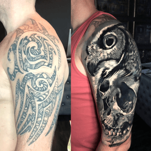 One of the most challenging cover up i ever made,it was fun and hard work same time ,thank you for my customer to visit me 4 times, being patience and giving me enought time to do my best🙏#tatted #tattooart #tattooartist #tattooed #coverup #coveruptattoo #CoverUpTattoos #skull #skulltattoo #owl #owltattoo #inked #ink #art #2019 #tattooartistmagazine 