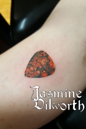 Fender guitar pick done in the inner arm. About the size of a quarter. #tattoo #tattooartist #femaletattooartist #guitar #guitarpick #guitarpicktattoo #fender #fendertattoo #armtattoo #colortattoo #smalltattoo #tinytatts #musictattoo #greenland #greenlandnh #nh #newhampshire #geneva #genevany #ny #newyork #boston #kittery #dovernh #newenglandartist #fingerlakes 