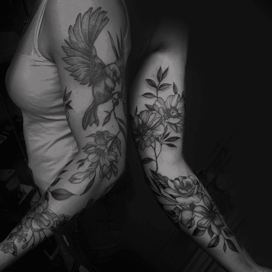 Tattoo of Shoulder Birds Flowers