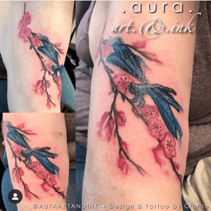 Watercolor cherry blosson branch with blue dragonfly. Custom drawn and tattooed by me.