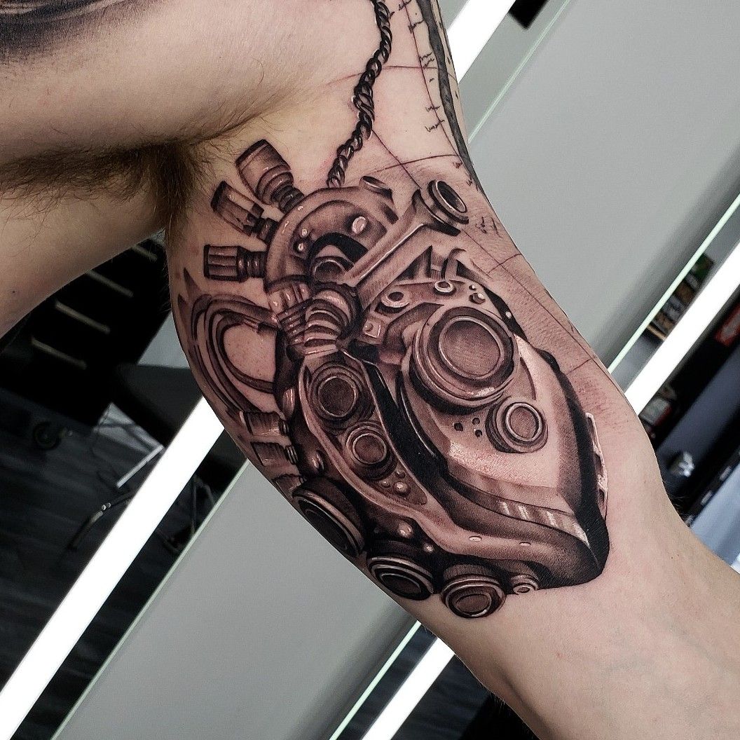 mechanical heart with compass tattoo   Mechanic tattoo Biomechanical  tattoo Heart tattoo