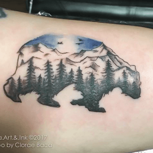 Bear with evergreen trees, mountains and blue sky.