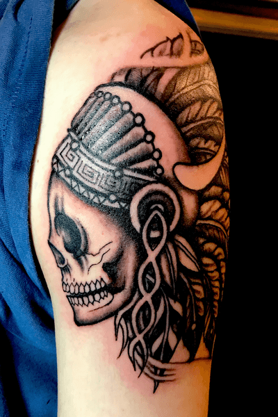 Skull w feather headpiece tattoo by Kimmy Tan. 2017