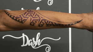 Cuctom hand drawn tribal sleeve with geometric underlay. 