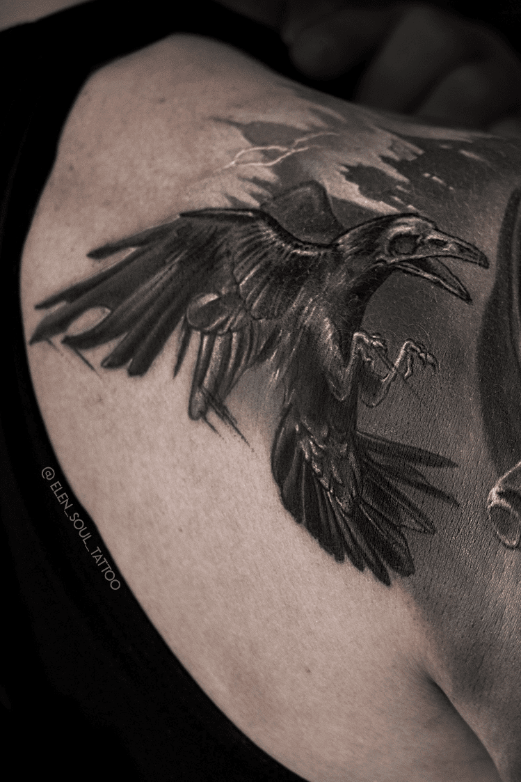 Love the style of the feathers Possible inspiration for raven tattoo   Grey ink tattoos Shoulder tattoo Crow tattoo