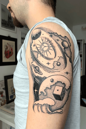 Dotwork space shoulder tattoo