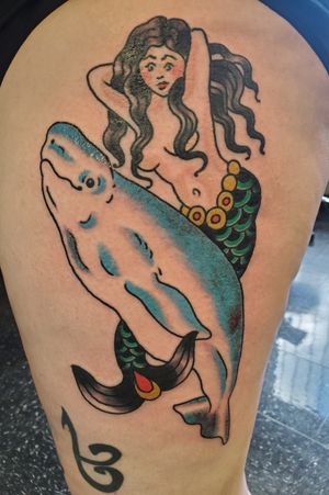 My eighth tattoo. I got this in July of 2019 by Dave Robinson at Iron Brush in Lincoln, Ne.#traditional #traditionalmermaid #mermaid #belugawhale #whale #ironbrush