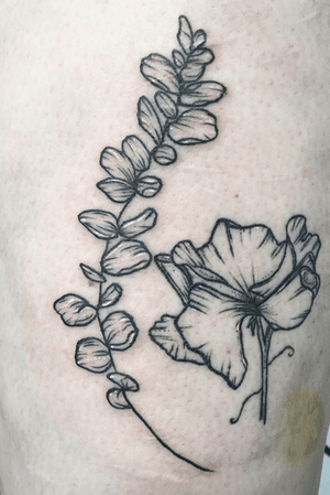 Adding to my sweetpea design for a returning client. Eucalyptus branch flowing up the leg, blackwofk and simple line work with slight whipshading. White highlights added.