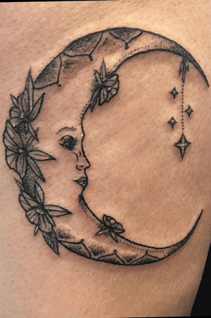 Cresent moon and floral cherry blossom design. Dotwork and whipshading, blackwork and white highlight