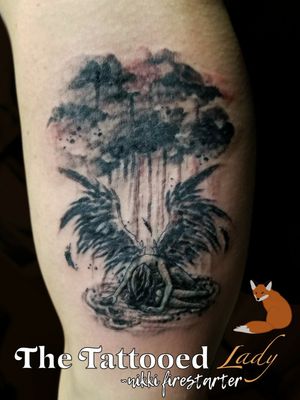 Broken Angel, featuring some litty watercolor/ splatter ink effects. nikkifirestarter.com#angel #brokenangel #angeltattoo #blackandgrayallday #blackink #grayscale #watercolortattoo #inksplattertattoo #grayscaletattoo #rain #broken #tattoo #bodyart #bodymod #ink #art #nonbinaryartist #nonbinarytattooist #mnartist #mntattoo #visualart #tattooart #tattoodesign