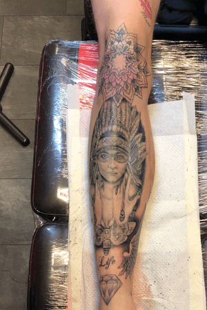 Native american black and gray realistic leg tattoo