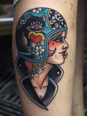Collaboration tattoo with Lian , she did the helmet part, I did the girl, it was fun!