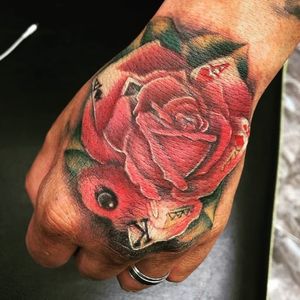 Took Two Hrs On This Hand TattooColor Rose W/Card Pedals 