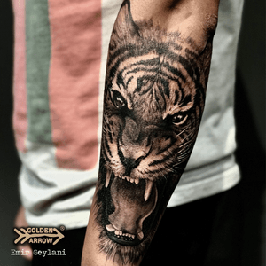 Angry tiger tattoo by Emir Geylani @emirgeylani7 #wildanimal #wildlife #tigertattoo #realism #blackandgrey 