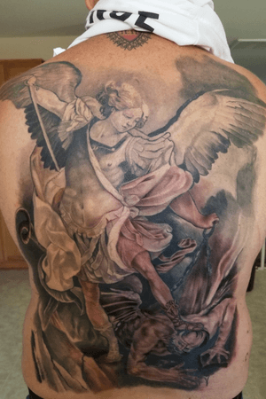 Back piece in progress . Black and grey reqlism of st. Michael 