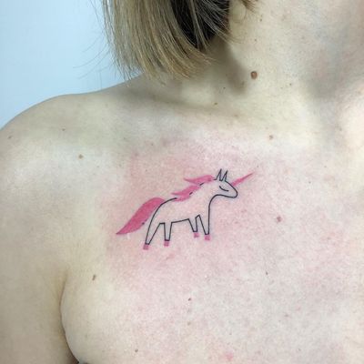Minimal tattoo by Ksenia Ko #KseniaKo #minimaltattoos #minimal #smalltattoos #small #simpletattoo #simpletattoos #unicorn #illustrative #pink #cute #horse #chest