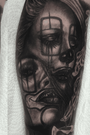 Black and grey tattoo girl face 