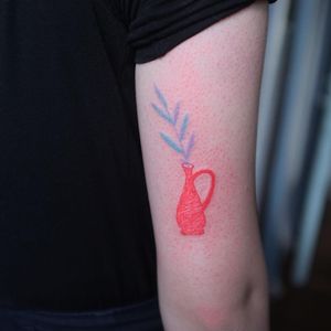 Minimal tattoo by Aleksandr Tagunov #AleksandrTagunov #minimaltattoos #minimal #smalltattoos #small #simpletattoo #simpletattoos #illustrative #vase #plant #floral #leaves #color #arm
