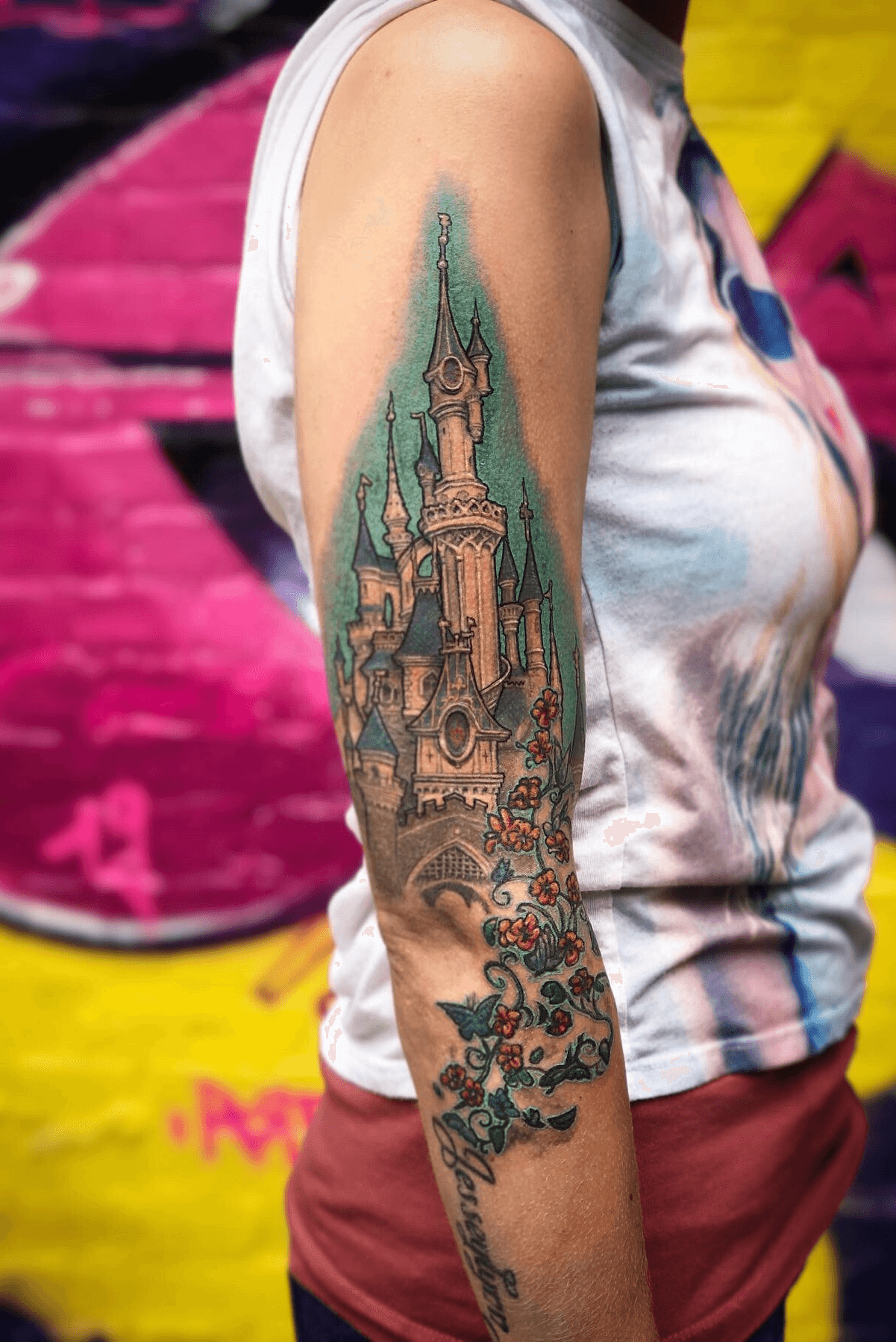 Water colour Disney castle tattoo by ladychappelletattoos   Disney  tattoos Disney sleeve tattoos Disney castle tattoo