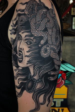 Medusa tattoo done in one sitting by Julius at Paragon Tattoo Studio Moreno Valley Ca for booking mesaage me at 909 289 8998 