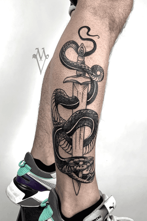 Snake, dagger, blackwork, calf tattoo