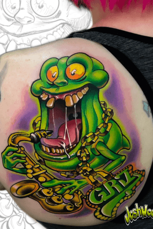 Video of the Slimer and @griz Mash up I did. #slimer #slimertattoo #ghostbusters #realghostbusters #ghostbuster#iaintafraidofnoghost #griz #griztattoo#slimerghost #videogametatts #cartoons