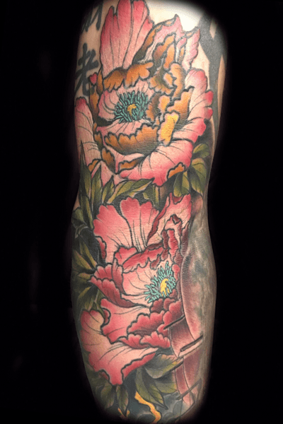 Japanese peonies in color on clients elbow ditcg and inner arm #japanesepeony #japanesetattoo #japanesesleeve #flowertattoo #japaneseflowertattoo #colortattoos #sleeve #irezumi #neotraditional #customtattoos