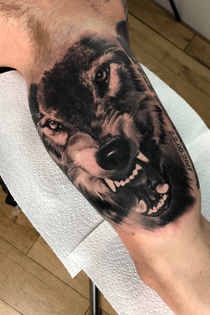 Some graywash wolf action! #tattooartist #tattooart #animaltattoo #wolftattoo #blackandgrey #realism #realistic #realismo 