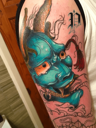 Hanyna mask, full colour of an ongowing sleeve #japanese #japanesesleeve #neotraditional #neotraditionaltattoo #colourtattoo #colourtattoos #beotraditionalcolourtattoo #japanesesleeve #fullsleeveprogress #colour #hannyamask #hannyamasktattoo Instagram - @paigeelizabethtattoo
