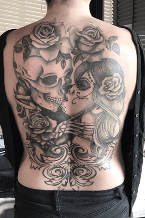 Backpiece with roses, a skull and a womans portrait #roses #backpiece #skull 