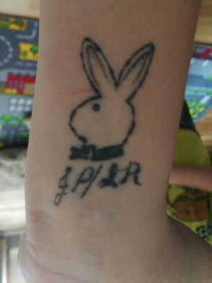 First tattoo (2007). Bff initials/playboy bunny.Artist: Some random dude.Studio: Some random dudes basement.