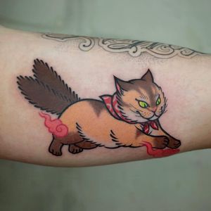 Cat tattoo by Love Yoon Too #LoveYoonToo #cattattoos #cattattoo #cat #kitty #cute #animal #petportrait #pet #japanese #bakeneko #color #clouds #arm #yokai