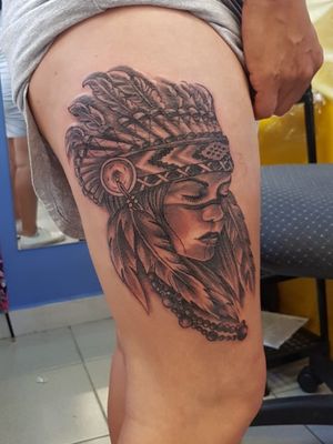 Indian Female Head Tattoo, Black & grey realism