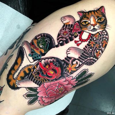 Cat tattoo by Iris Lys #IrisLys #cattattoos #cattattoo #cat #kitty #cute #animal #petportrait #pet #monmoncat #japanese #peony #mapleleaf #chrysanthemum #yokai #tattooedtattoo #tengu #masks #leg