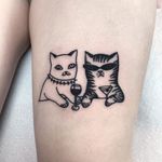 Cat tattoo by Katya Krasnova #KatyaKrasnova #cattattoos #cattattoo #cat #kitty #cute #animal #petportrait #pet #blackwork #linework #illustrative #wine #martini #drinks #punk #leg