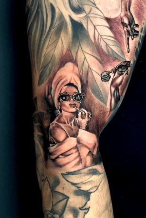 Pin up style micro realism, and creation of adam with tattoo machine.