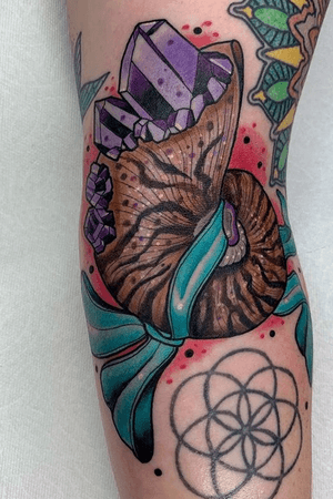 Gap filler by Jody Dawber at The Dolorosa Tattoo Shop in Studio City, LA. Loving my nautilus with crystal barnacles all tied up with a pretty ribbon. Thanks for being quick and pain free in the ditch... and a total gem to chat wirh 💎✨